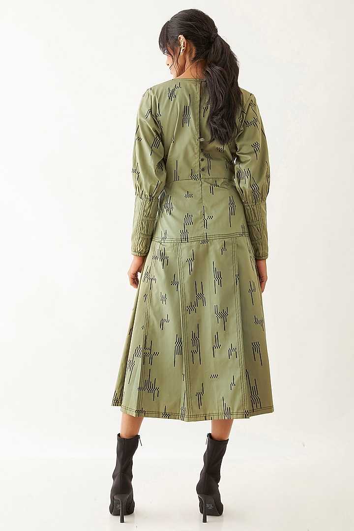 Sage Cotton Satin Printed Midi Vacation Dress by SNOB at Pernia's Pop Up Shop