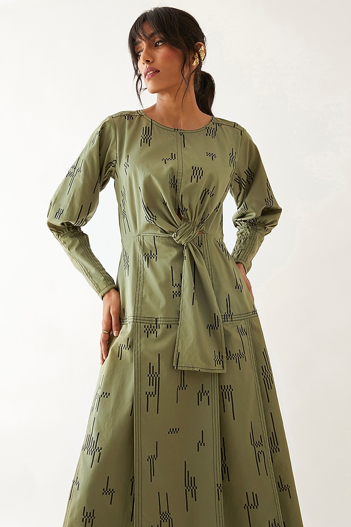 Sage Cotton Satin Printed Midi Vacation Dress by SNOB at Pernia's Pop Up Shop