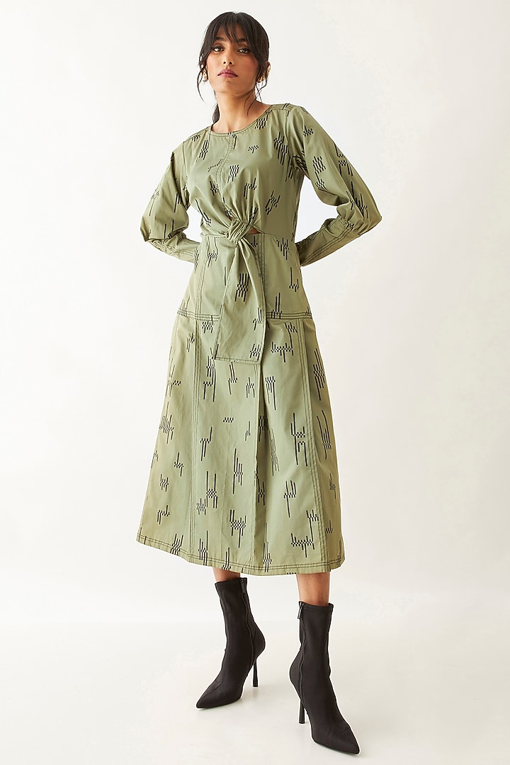 Sage Cotton Satin Printed Midi Vacation Dress by SNOB at Pernia's Pop Up Shop