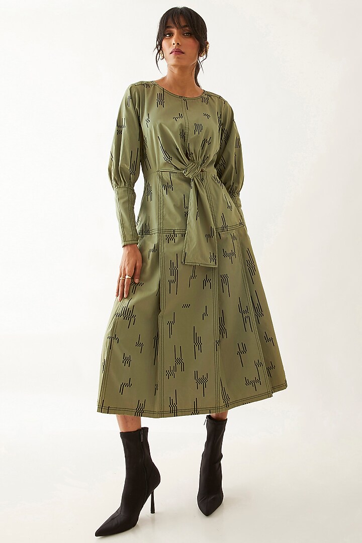 Sage Cotton Satin Printed Midi Vacation Dress by SNOB at Pernia's Pop Up Shop