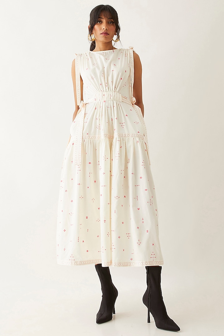 Off-White Cotton Satin Printed Midi Vacation Dress by SNOB at Pernia's Pop Up Shop