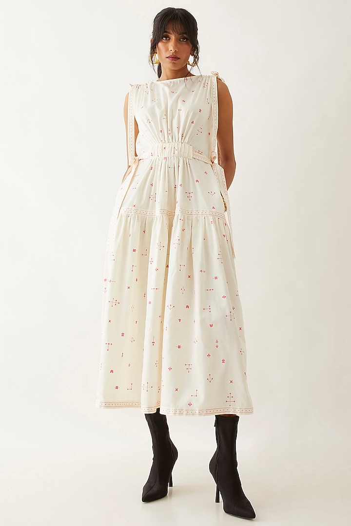 Off-White Cotton Satin Printed Midi Vacation Dress by SNOB at Pernia's Pop Up Shop