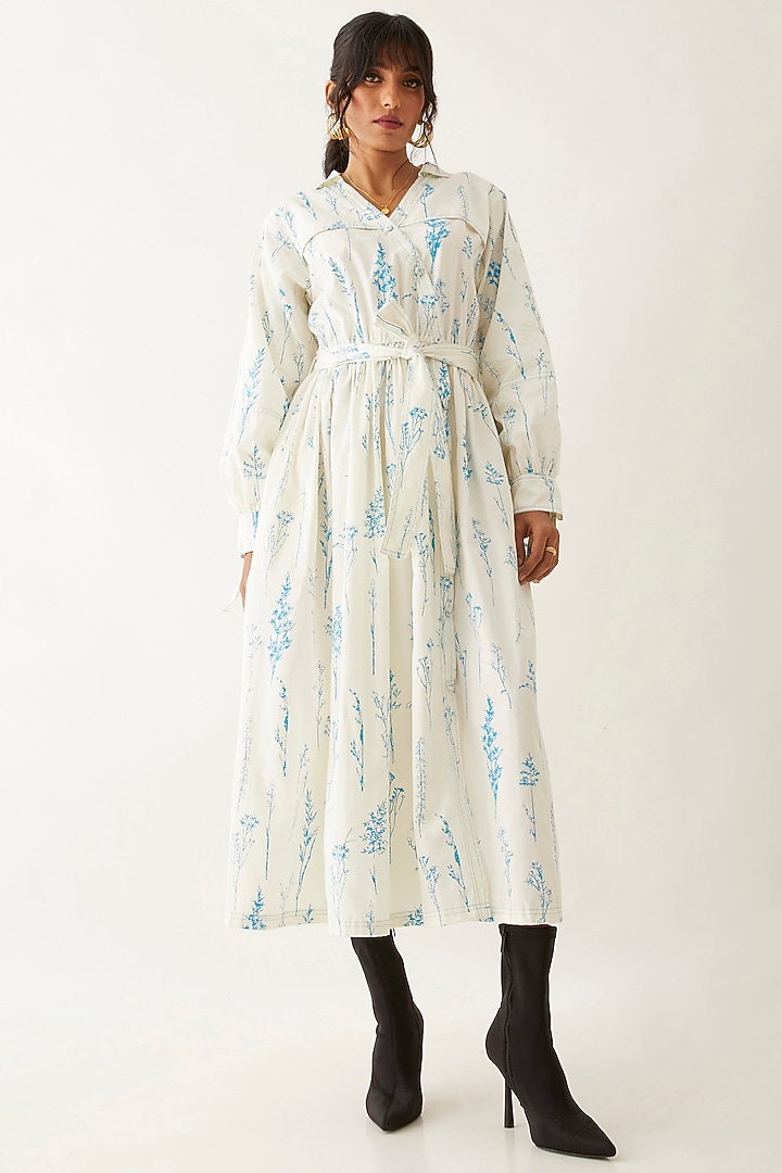 Off-White Cotton Satin Printed Midi Vacation Dress by SNOB at Pernia's Pop Up Shop