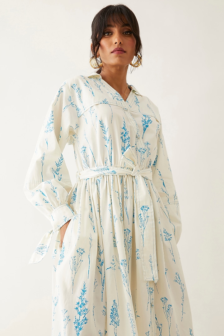 Off-White Cotton Satin Printed Midi Vacation Dress by SNOB at Pernia's Pop Up Shop