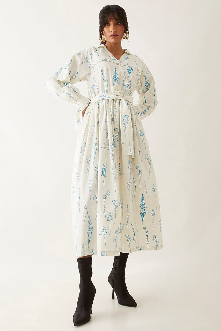 Off-White Cotton Satin Printed Midi Vacation Dress by SNOB at Pernia's Pop Up Shop