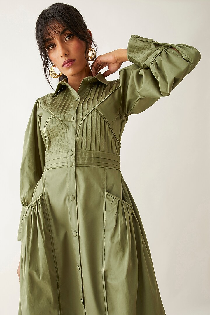 Sage Cotton Satin Gathered Midi Vacation Dress by SNOB at Pernia's Pop Up Shop