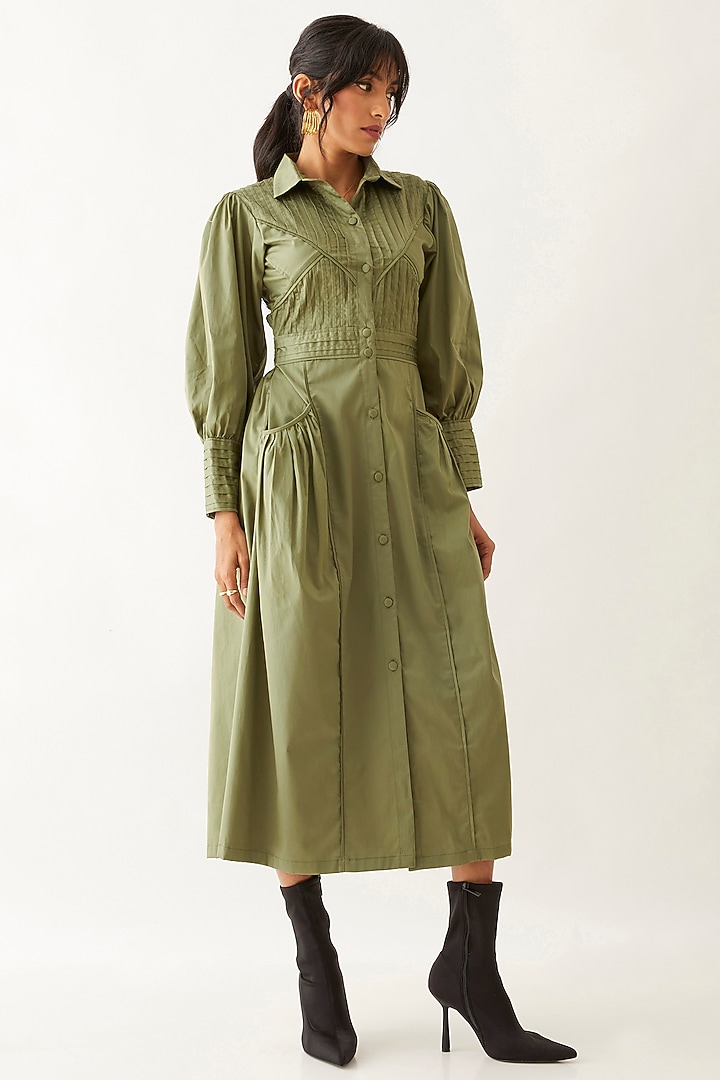 Sage Cotton Satin Gathered Midi Vacation Dress by SNOB at Pernia's Pop Up Shop