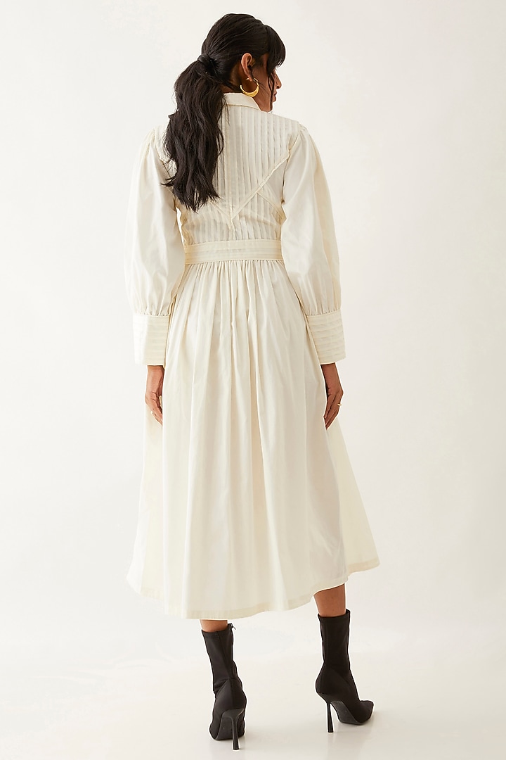 Off-White Cotton Satin Gathered Midi Vacation Dress by SNOB at Pernia's Pop Up Shop
