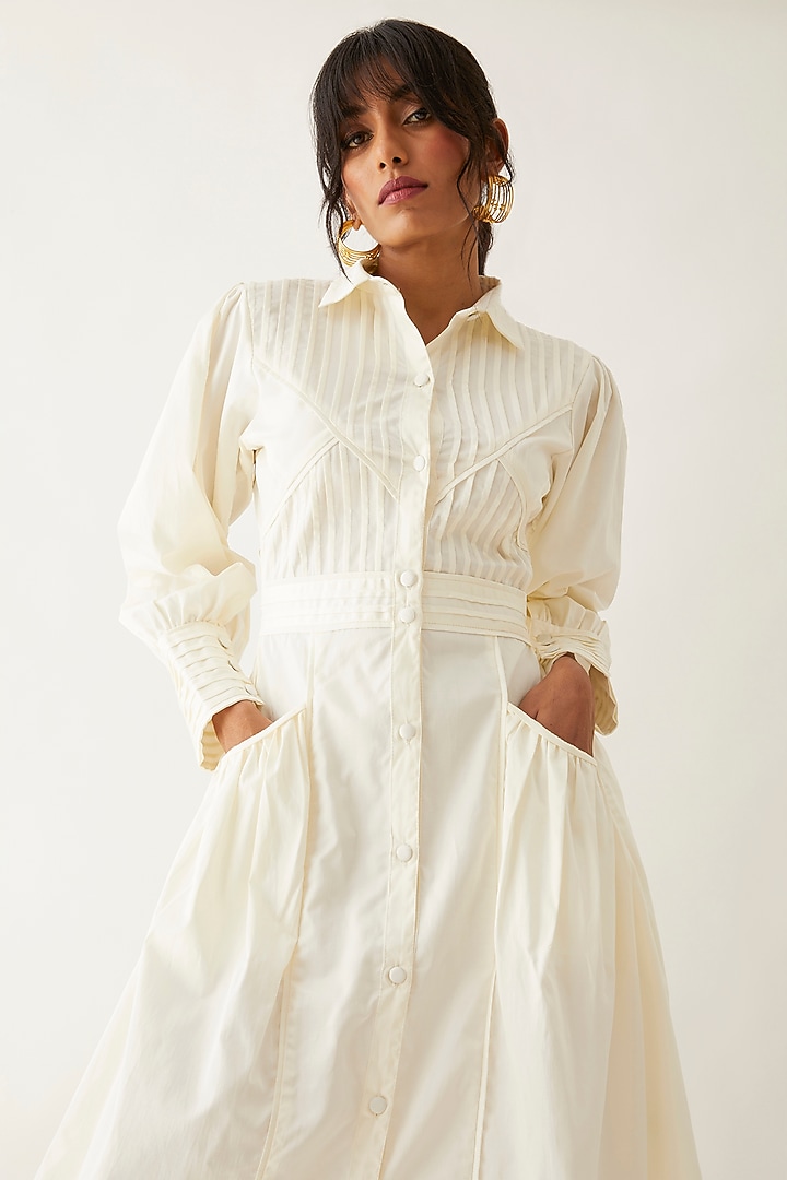 Off-White Cotton Satin Gathered Midi Vacation Dress by SNOB at Pernia's Pop Up Shop