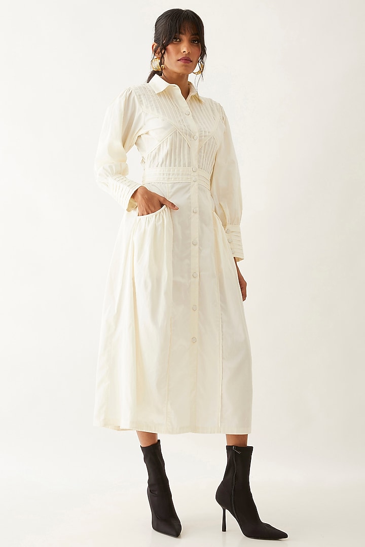 Off-White Cotton Satin Gathered Midi Vacation Dress by SNOB at Pernia's Pop Up Shop