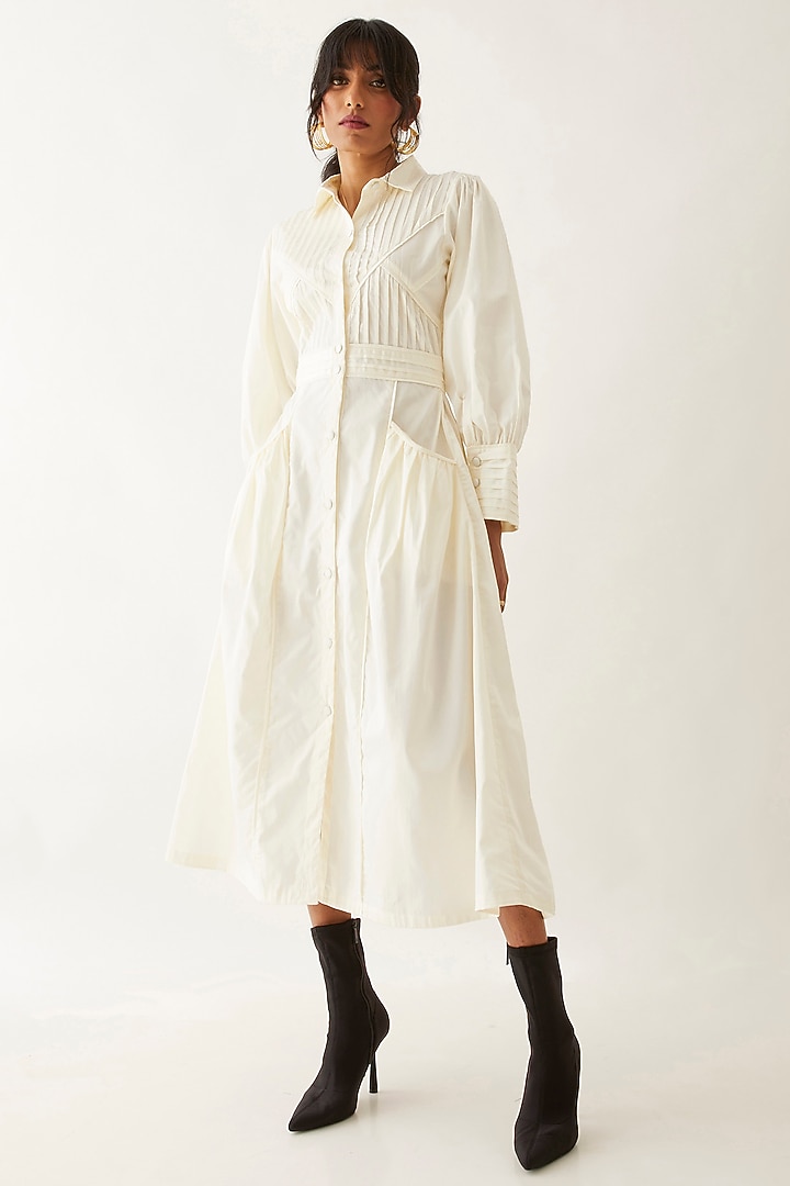 Off-White Cotton Satin Gathered Midi Vacation Dress by SNOB at Pernia's Pop Up Shop
