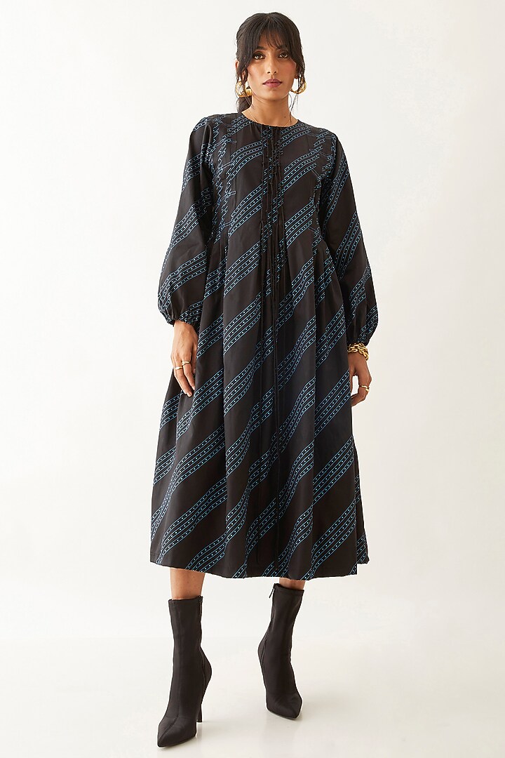 Black Cotton Satin Printed Midi Vacation Dress by SNOB at Pernia's Pop Up Shop