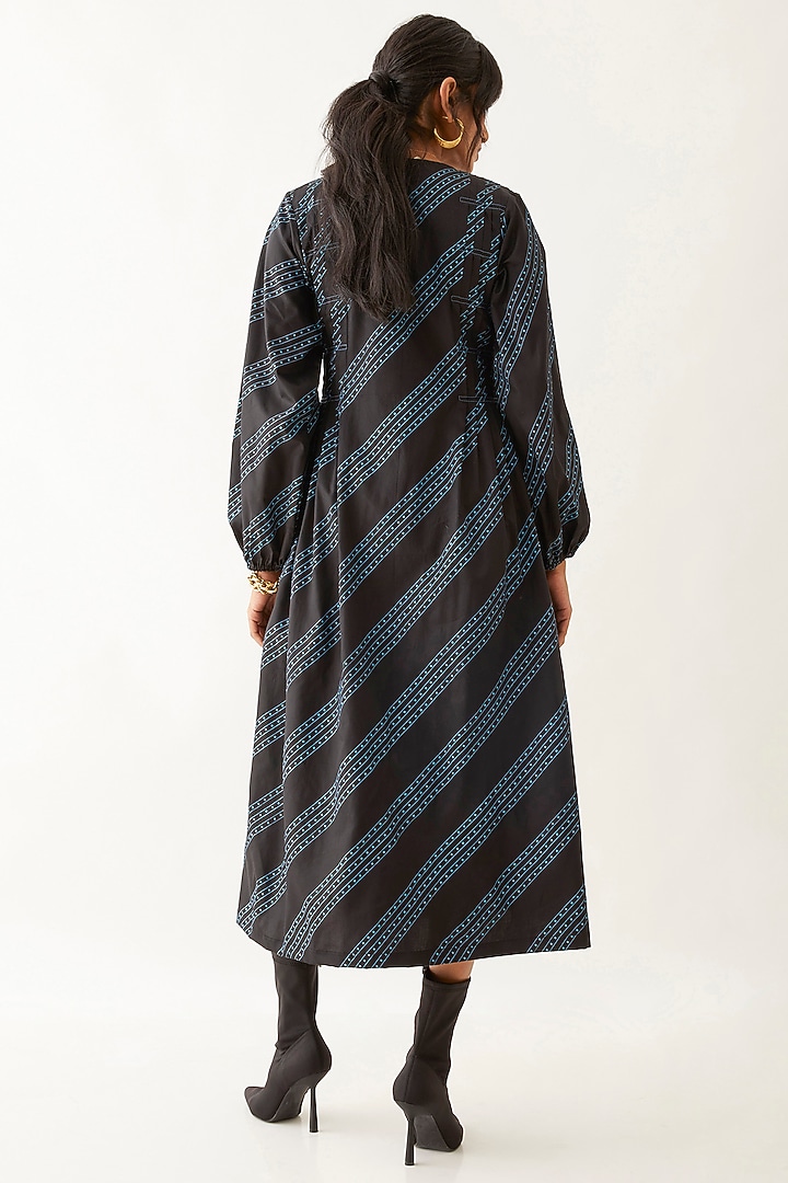 Black Cotton Satin Printed Midi Vacation Dress by SNOB at Pernia's Pop Up Shop