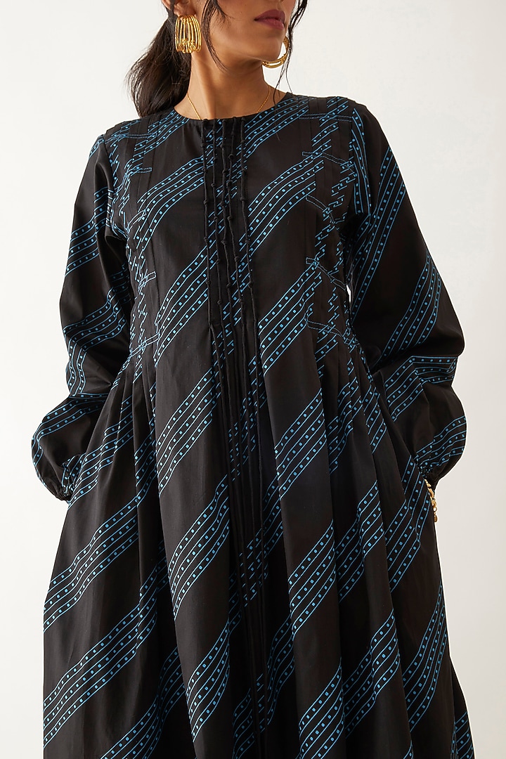 Black Cotton Satin Printed Midi Vacation Dress by SNOB at Pernia's Pop Up Shop