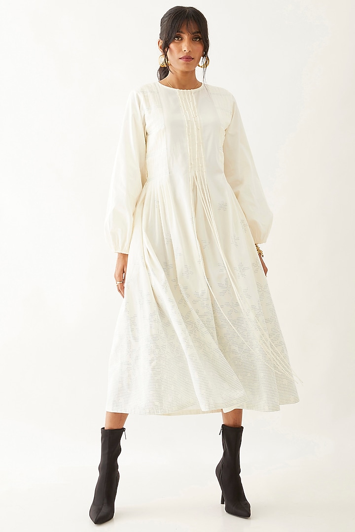 Off-White Cotton Satin Printed Midi Vacation Dress by SNOB at Pernia's Pop Up Shop