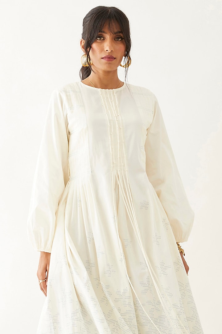 Off-White Cotton Satin Printed Midi Vacation Dress by SNOB at Pernia's Pop Up Shop