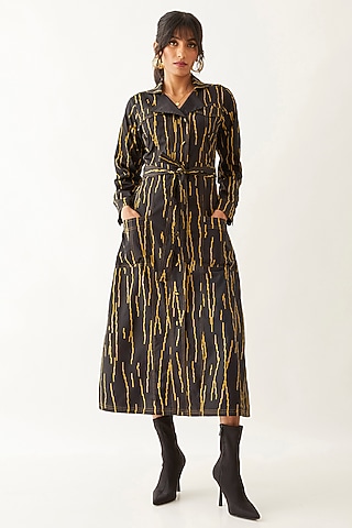 Black Cotton Satin Printed Midi Dress by SNOB