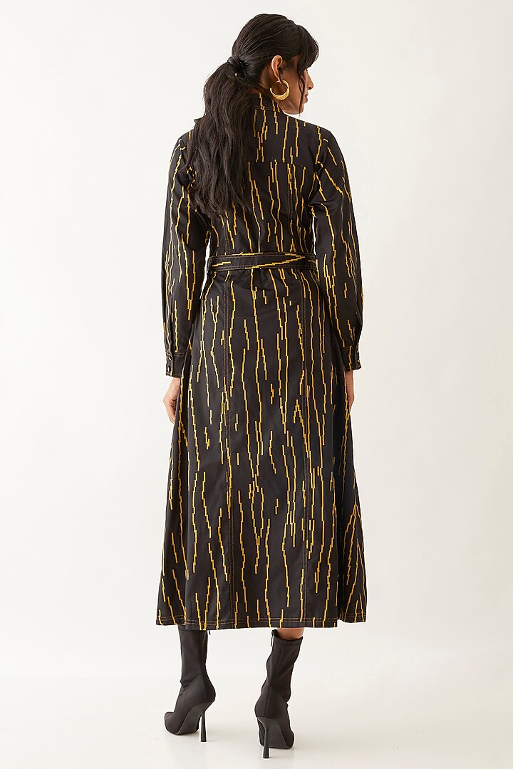 Black Cotton Satin Printed Midi Vacation Dress by SNOB at Pernia's Pop Up Shop