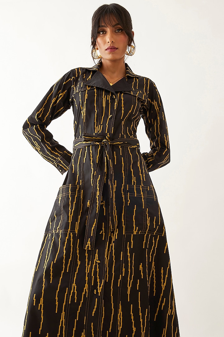 Black Cotton Satin Printed Midi Vacation Dress by SNOB at Pernia's Pop Up Shop
