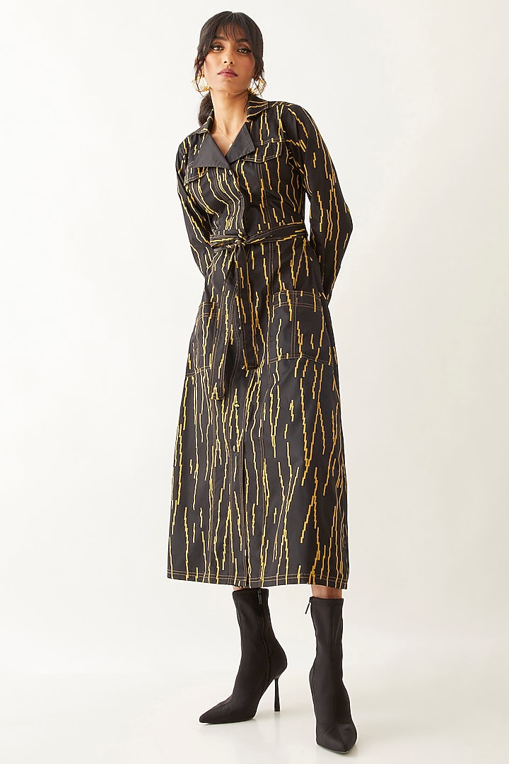 Black Cotton Satin Printed Midi Vacation Dress by SNOB at Pernia's Pop Up Shop