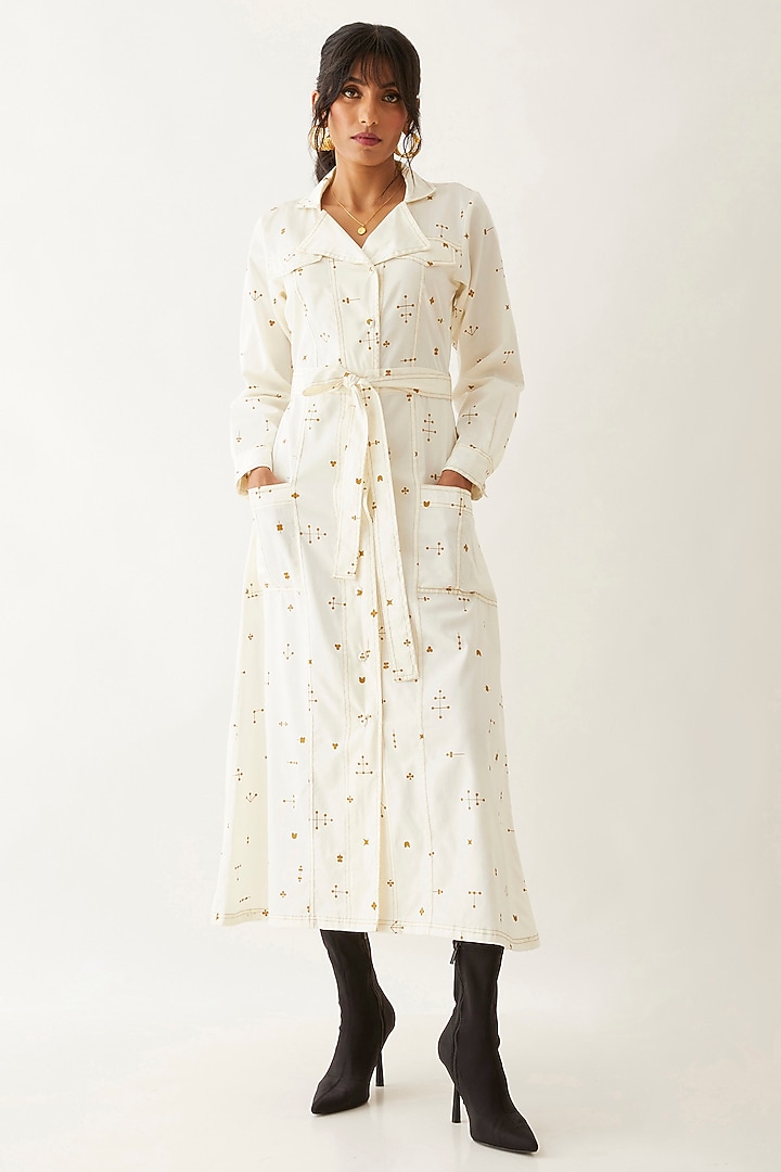 Off-White Cotton Satin Printed Midi Vacation Dress by SNOB at Pernia's Pop Up Shop