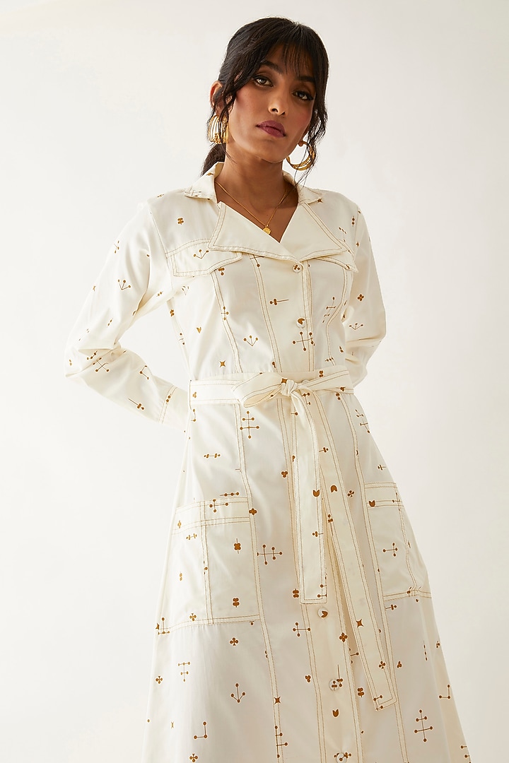 Off-White Cotton Satin Printed Midi Vacation Dress by SNOB at Pernia's Pop Up Shop