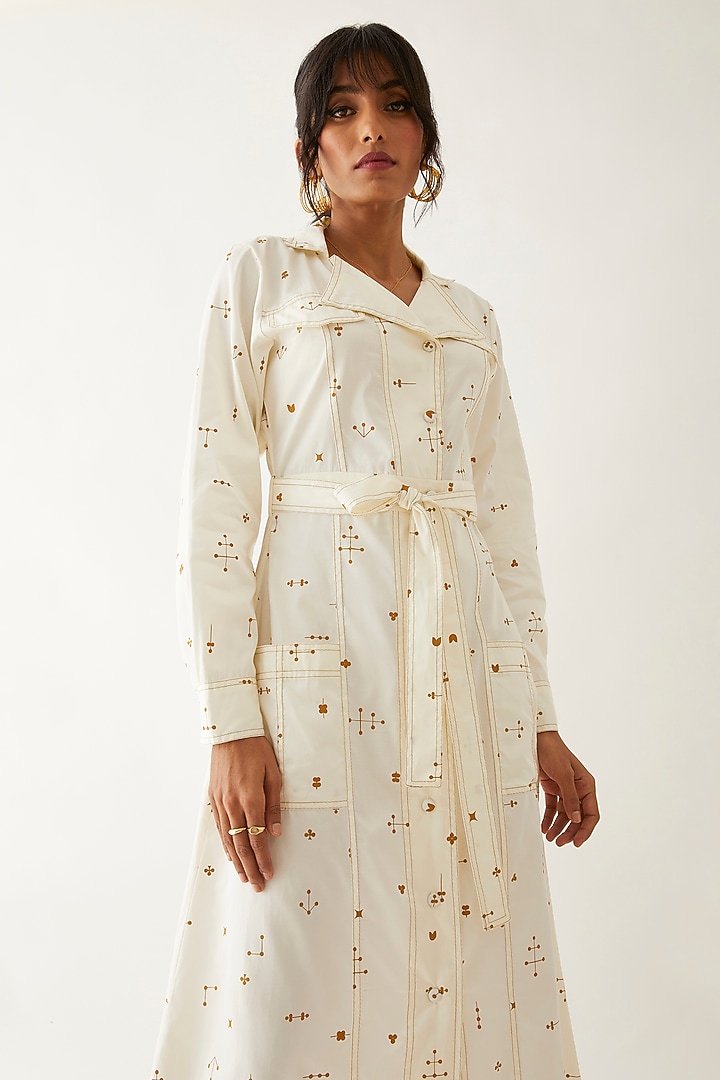 Off-White Cotton Satin Printed Midi Vacation Dress by SNOB at Pernia's Pop Up Shop