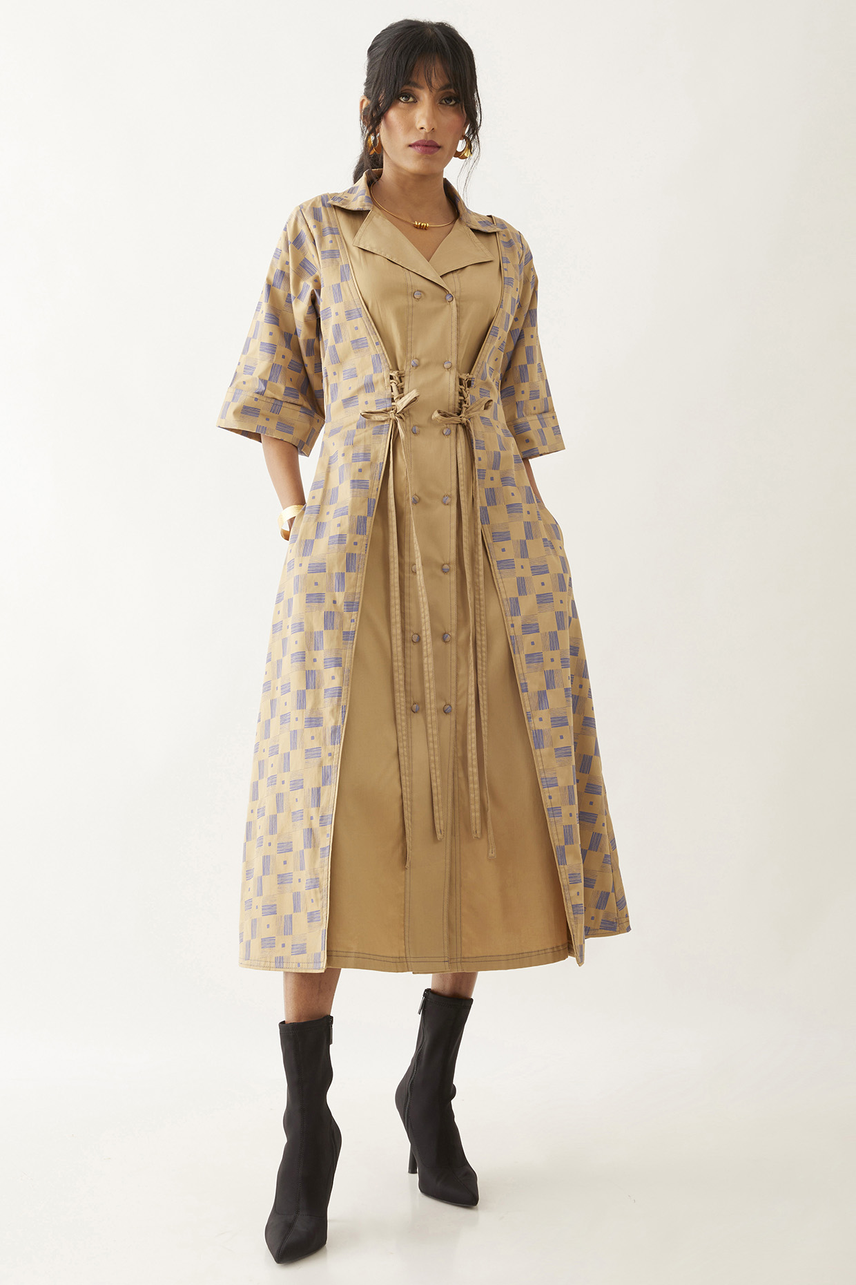 Sand Beige Cotton Satin Printed Midi Dress by SNOB at Pernia's Pop Up Shop