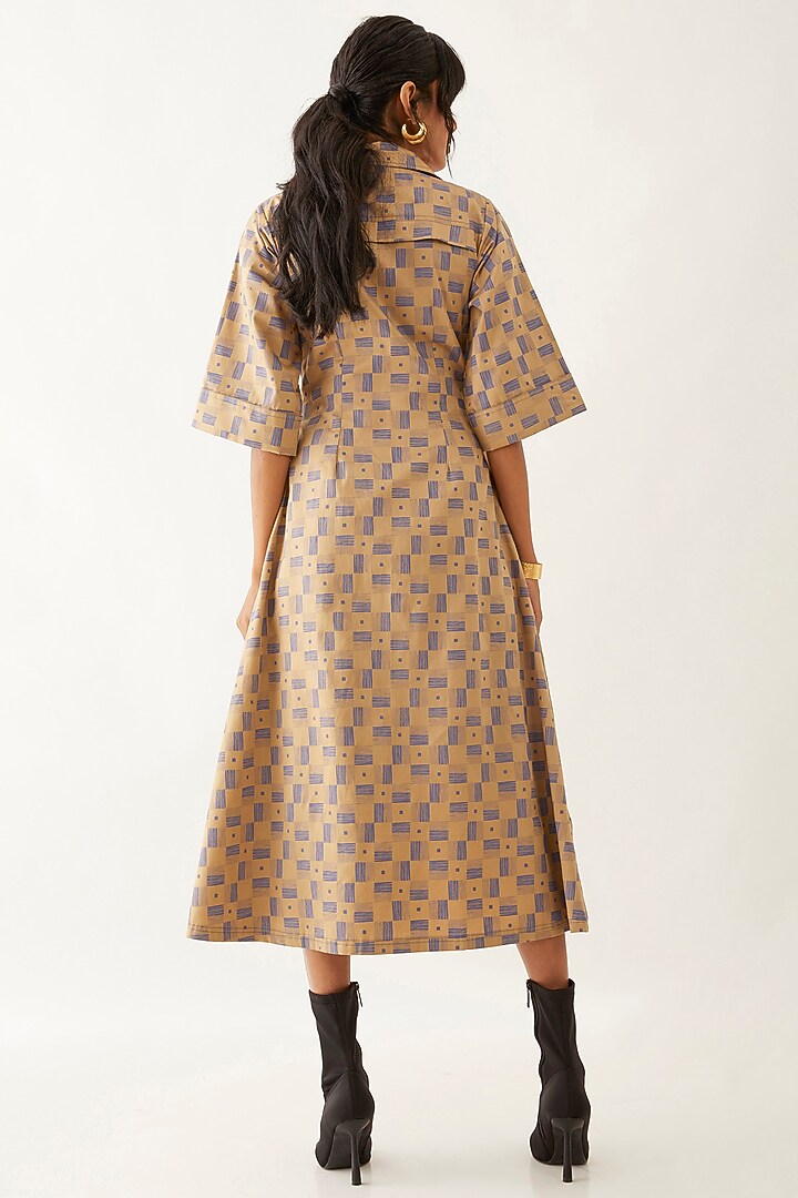 Sand Beige Cotton Satin Printed Midi Vacation Dress by SNOB at Pernia's Pop Up Shop