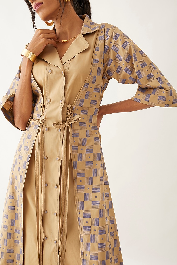 Sand Beige Cotton Satin Printed Midi Vacation Dress by SNOB at Pernia's Pop Up Shop