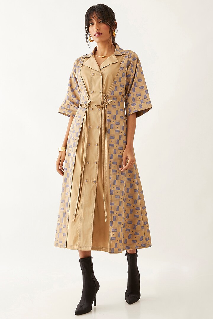 Sand Beige Cotton Satin Printed Midi Vacation Dress by SNOB at Pernia's Pop Up Shop