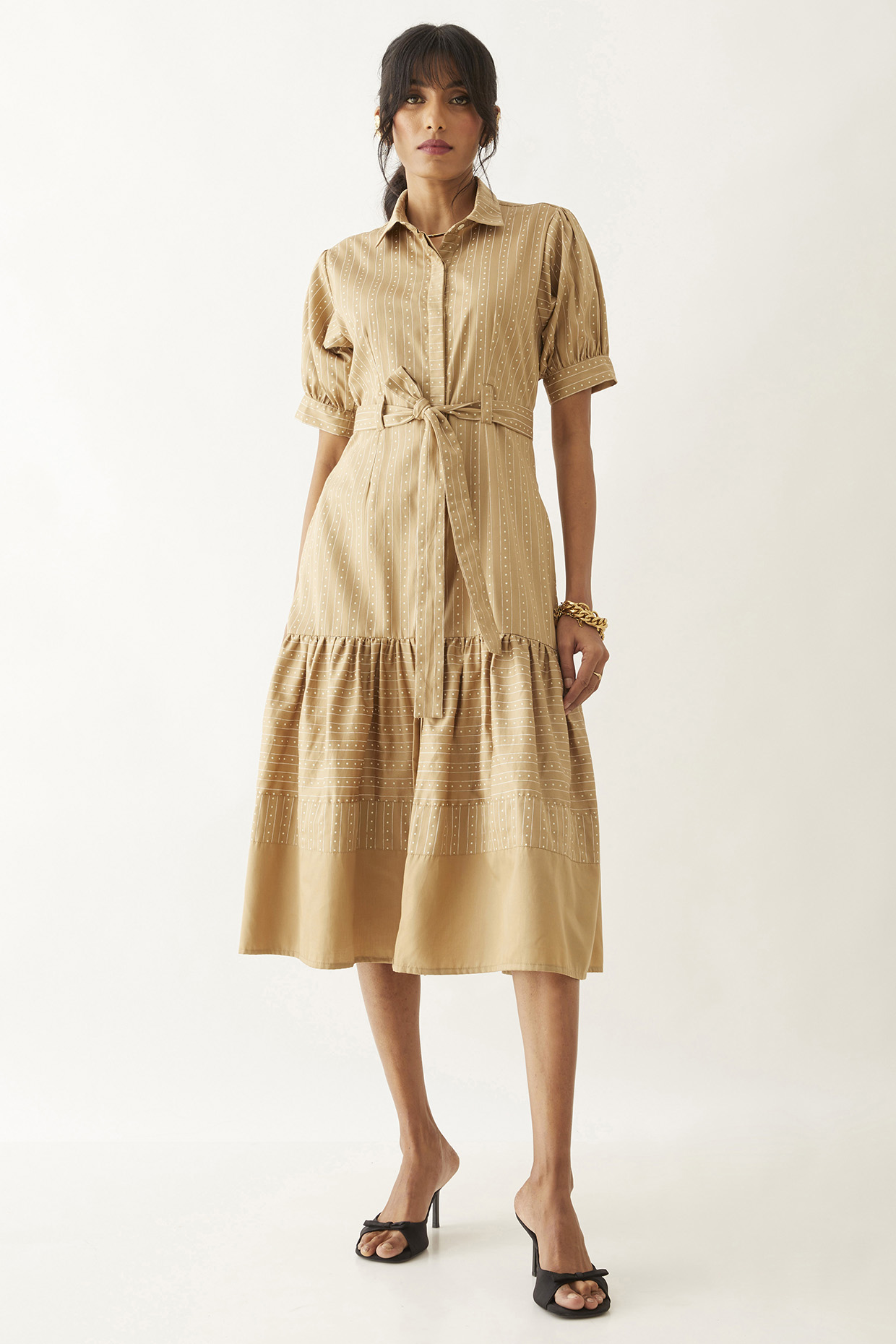 Sand Cotton Satin Printed Dress by SNOB at Pernia's Pop Up Shop