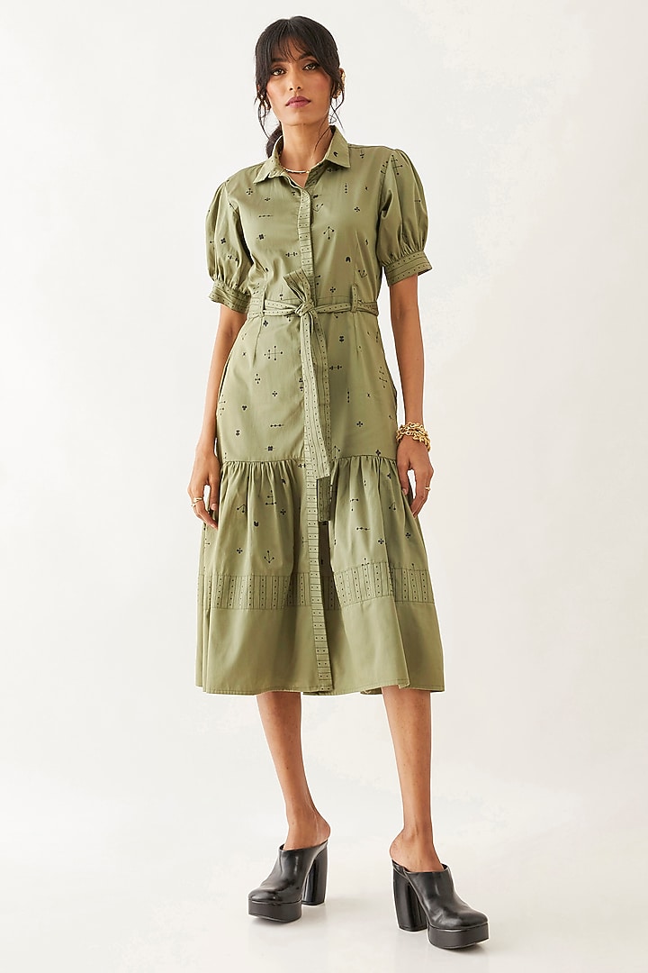 Sage Cotton Satin Printed Vacation Dress by SNOB at Pernia's Pop Up Shop
