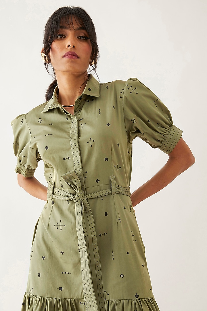 Sage Cotton Satin Printed Vacation Dress by SNOB at Pernia's Pop Up Shop