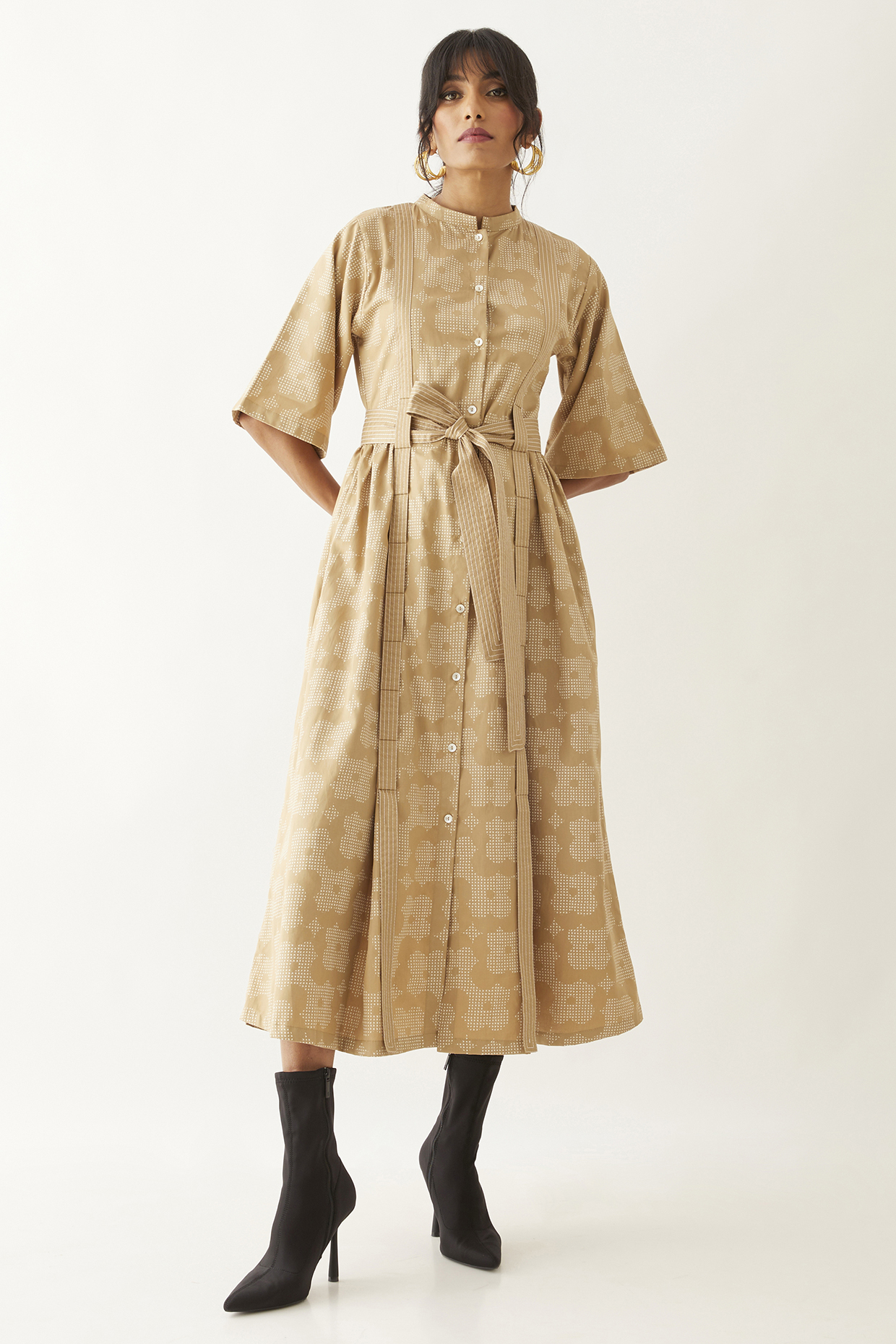 Sand Cotton Satin Printed Dress by SNOB at Pernia's Pop Up Shop
