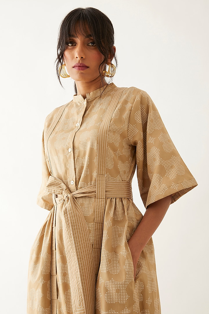 Sand Cotton Satin Printed Vacation Dress by SNOB at Pernia's Pop Up Shop