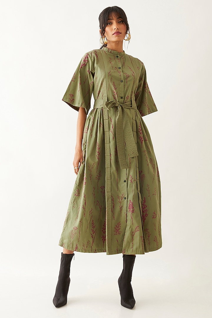 Sage Cotton Satin Printed Vacation Dress by SNOB at Pernia's Pop Up Shop