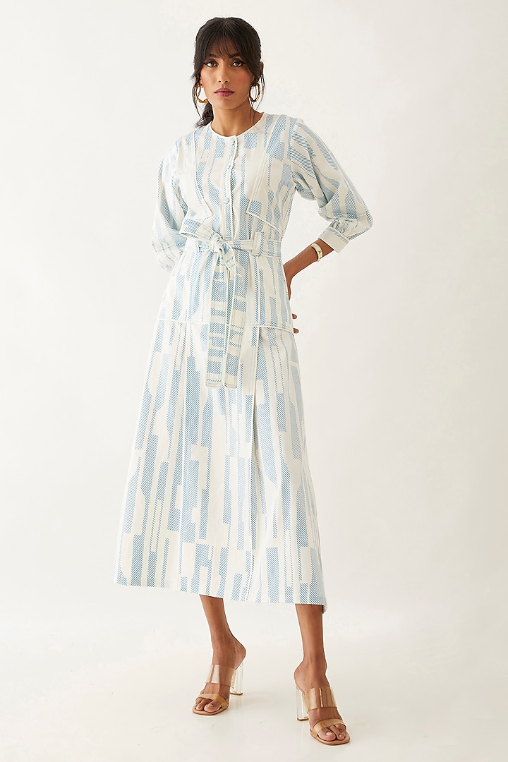 Off-White Cotton Satin Printed Vacation Dress by SNOB at Pernia's Pop Up Shop