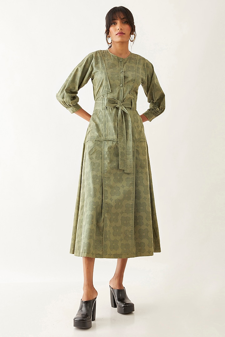 Sage Cotton Satin Printed Vacation Dress by SNOB at Pernia's Pop Up Shop