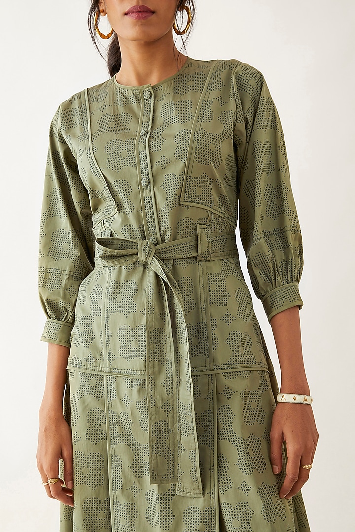 Sage Cotton Satin Printed Vacation Dress by SNOB at Pernia's Pop Up Shop
