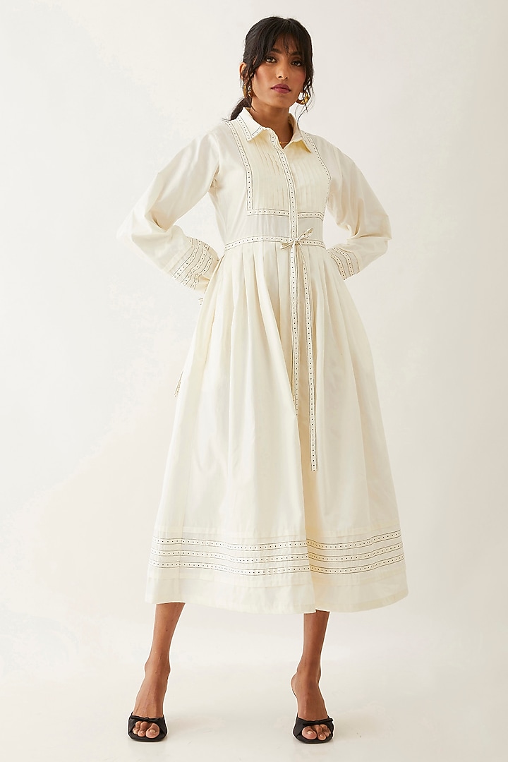 Off-White Cotton Satin Printed Vacation Dress by SNOB at Pernia's Pop Up Shop