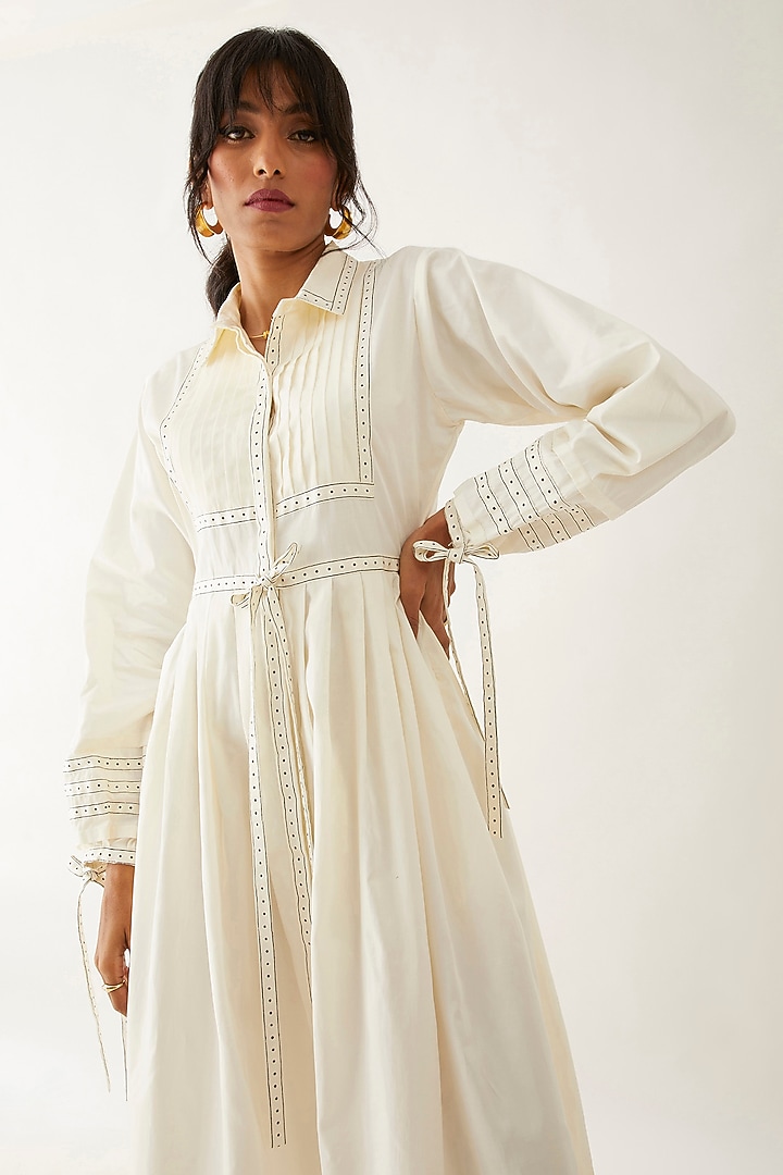 Off-White Cotton Satin Printed Vacation Dress by SNOB at Pernia's Pop Up Shop