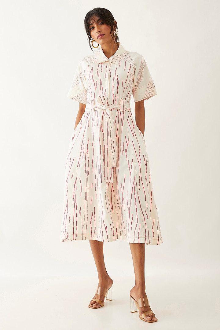 Off-White Cotton Satin Printed Vacation Dress by SNOB at Pernia's Pop Up Shop