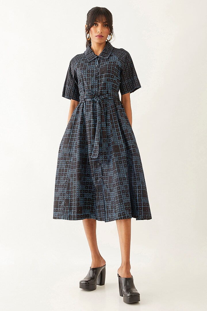 Black Cotton Satin Printed Vacation Dress by SNOB at Pernia's Pop Up Shop