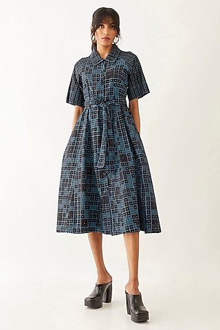 Black Cotton Satin Printed Dress by SNOB