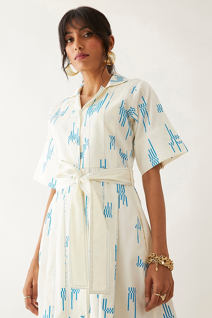 Off-White Cotton Satin Printed Vacation Dress by SNOB at Pernia's Pop Up Shop