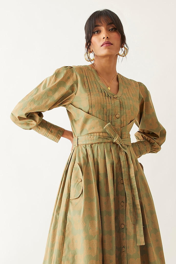 Sage Cotton Satin Printed Vacation Dress by SNOB at Pernia's Pop Up Shop