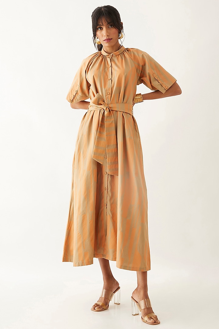 Sand Colored Cotton Satin Printed Dress by SNOB at Pernia's Pop Up Shop