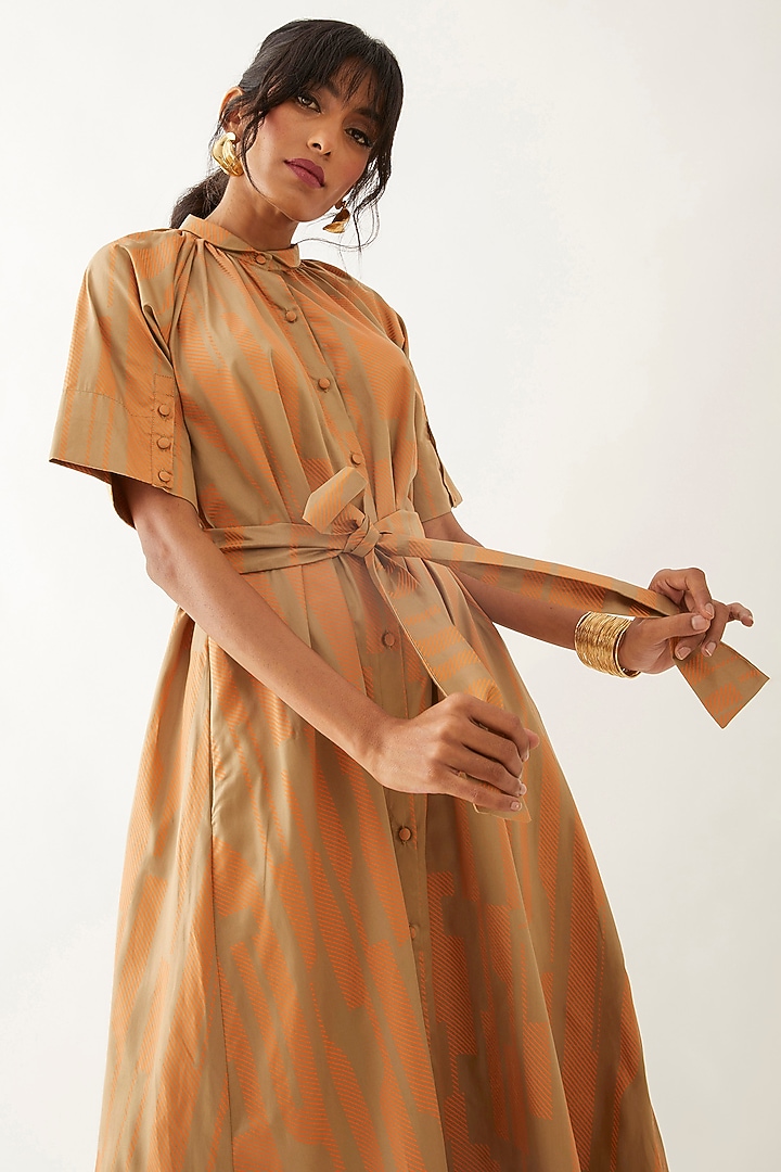Sand Colored Cotton Satin Printed Vacation Dress by SNOB at Pernia's Pop Up Shop