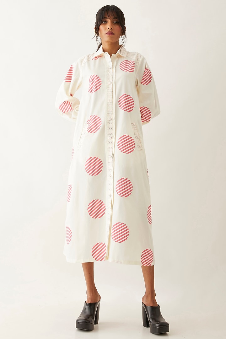 Off-White Cotton Satin Printed Vacation Dress by SNOB at Pernia's Pop Up Shop